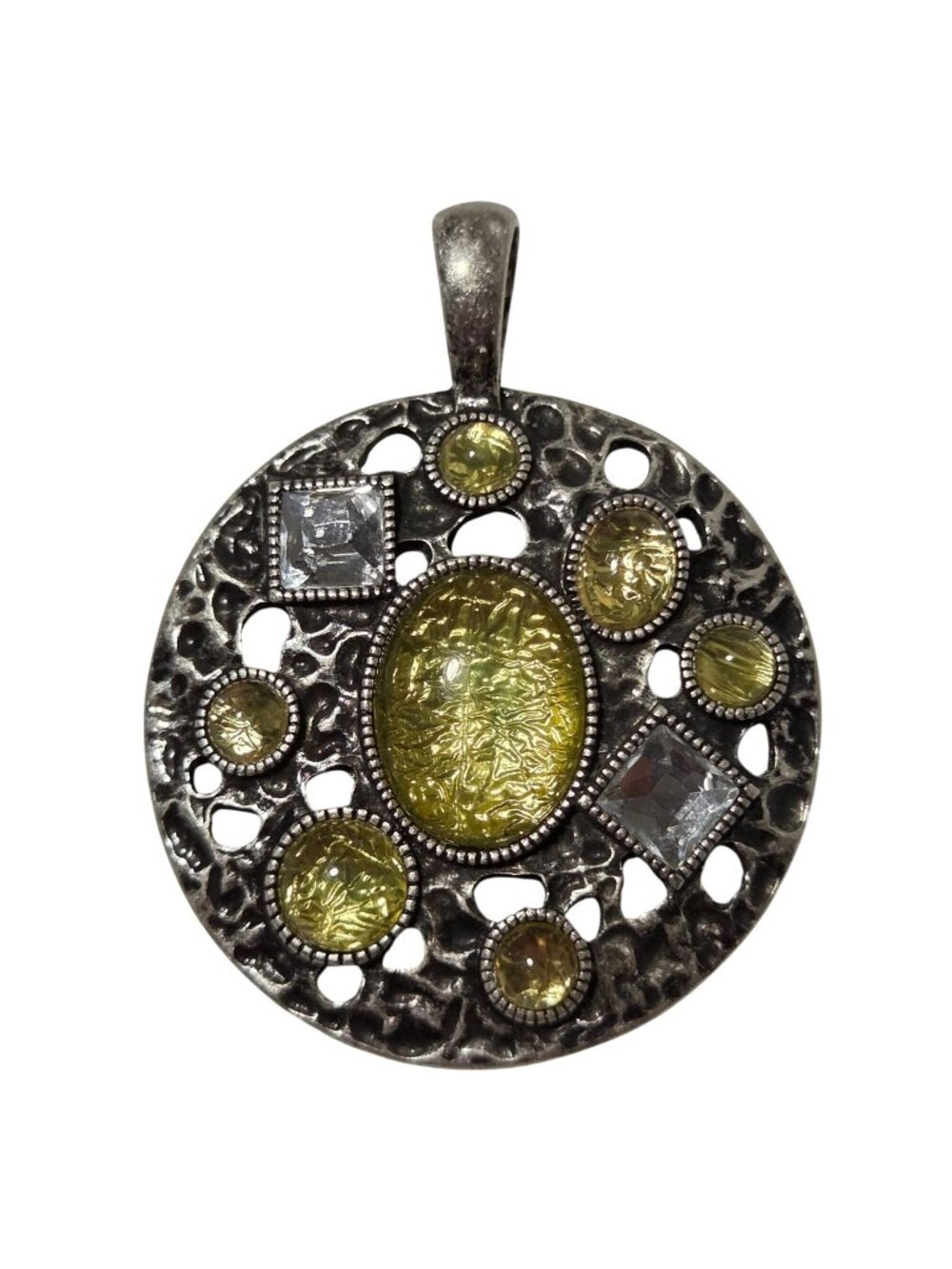 Lia Sophia Pendant Yellow Clear Glass Stones Textured Round Design Silver Tone